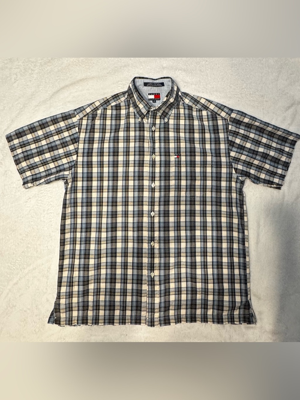 Vintage Tommy Hilfiger Mens M Plaid Button Down Shirt 100% Cotton Flag Logo